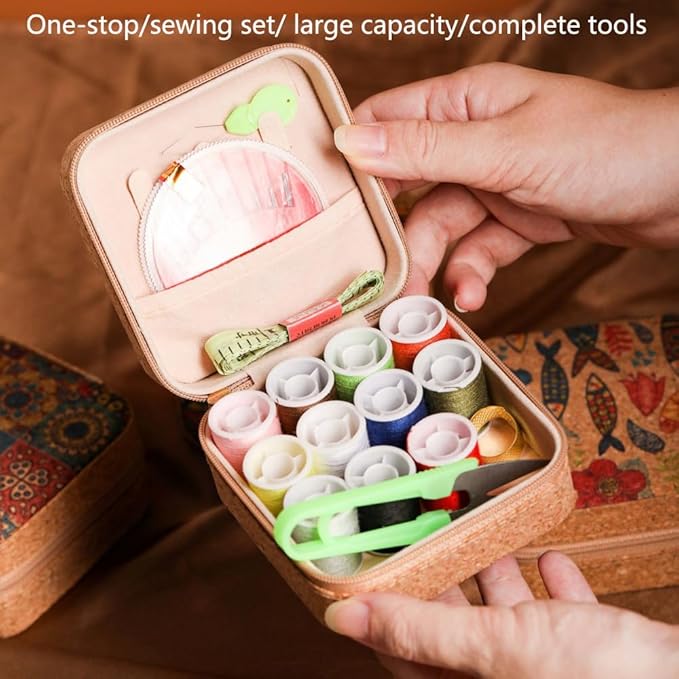 Sewing Box,Portable Travel Sewing Kit ，Vintage Soft Wood Print Sewing Kit,Mini Sewing Kits Storage Box,with 11 Color Thread, Scissors, Needles, Tape Measure and Other Accessories (Fantasy Fish)