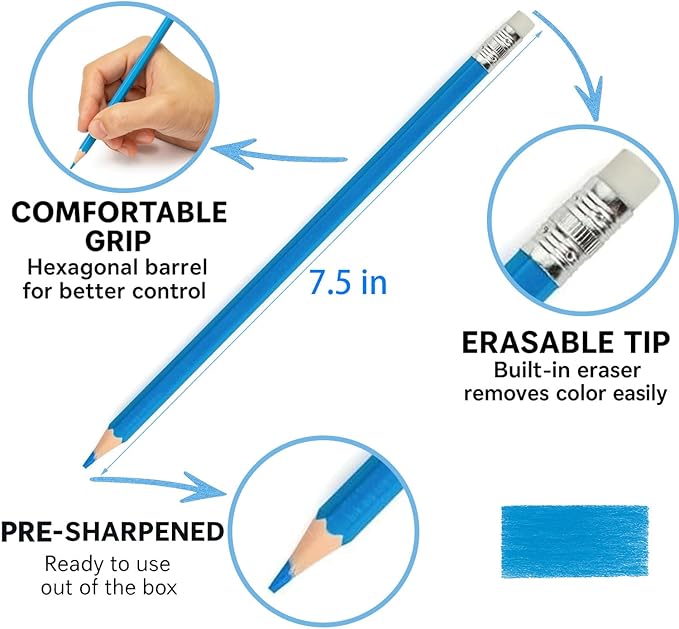 Pre-Sharpened Erasable Colored Pencils, Color Pencils with Erasers for Drawing, Sketching & Coloring, Art Supplies (24 Colors)