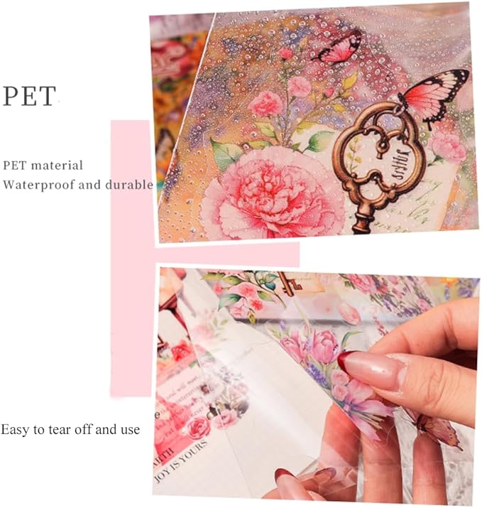 MAFELOE 30 Pages PET Scrapbook Stickers of Creative Flowers Theme, Aesthetic Deco Journaling Supplies for Junk Bullet Diary Album Calendars-Pink (Y3-P-WSSL)
