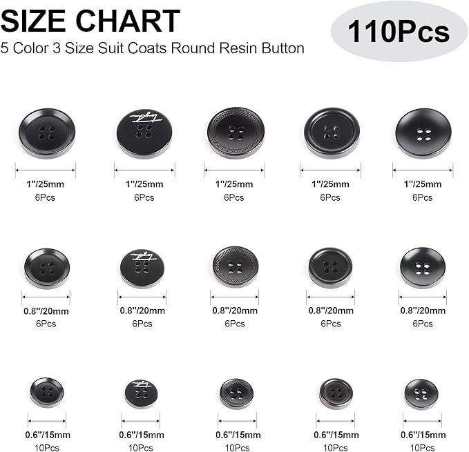 110Pcs Black Mixed Sewing Buttons, 4-Hole Craft Round Blazer Buttons, 5 Color 3 Size (15mm, 20mm, 25mm) Suit Coats Resin Button, Suitable for Variety Clothing Sewing, DIY Craft (Black)