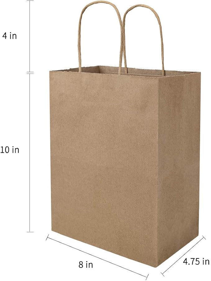 bagmad 50 Pack 8x4.75x10 Inch Plain Medium Paper Bags with Handles Bulk, Brown Kraft Craft Gift Bags, Grocery Shopping Retail Birthday Party Favors Wedding Sacks (Natural 50pcs)