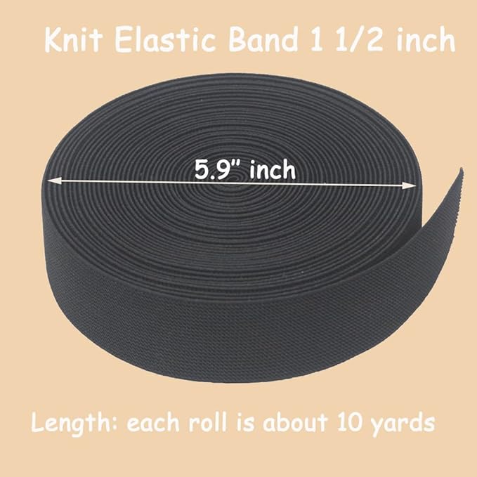Black Knit Elastic Band 1-1/2 inch 10 Yards 38mm Double-side Twill Woven Elastic Heavy Stretch Straps Elastic Spool Band for Sewing Clothing Pants Waistband Wigs Skirts Craft DIY Projects