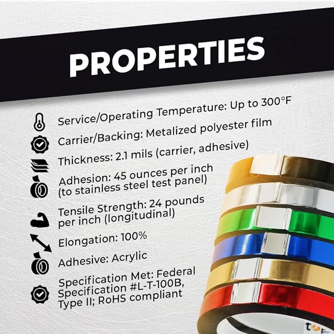 WOD MPFT2 Black Metalized Polyester Mylar Film Tape with Acrylic Adhesive, 1/8 inch x 72 ft. Vibrant Mirror Black Tape, Decor Tape for Detailing Accent Wall, Graphic Arts, Car and Boat Trim