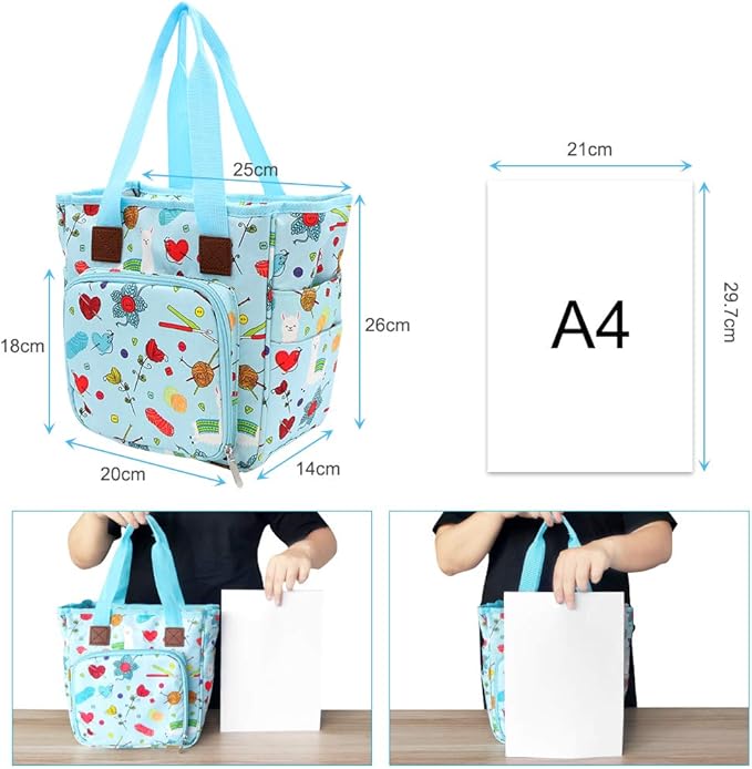 SumDirect Yarn Bag, Knitting Organizer Tote Bag Portable Storage Bag for Yarns, Carrying Projects, Knitting Needles, Crochet Hooks, Manuals and Other Accessories (Cute Blue)