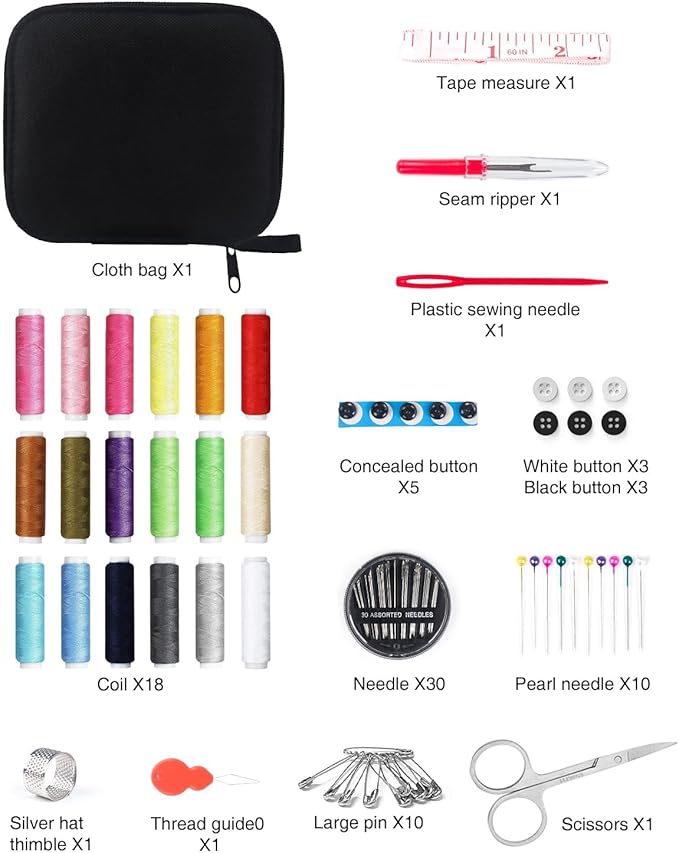 Travel Sewing Kit with Accessories for Kids, Adults, Beginners,Traveler, Portable Sewing Supplies Equipped with 18 Thread Rolls, Needles, Yarn, Thimble, Tape Measure, Scissors