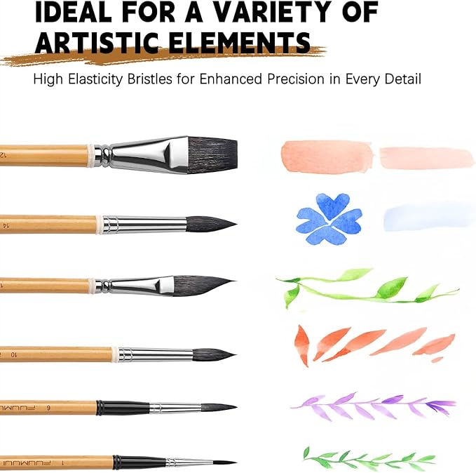 Watercolor Brush Set, Fuumuui 6Pcs Professional Mixed Squirrel Hair Bamboo Paint Brushes with Dagger Flat Round Detail for Watercolor, Acrylic, Gouache Painting