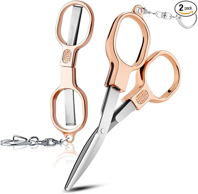 2 Pcs Folding Stainless Steel Portable Mini Small Travel Scissors, Safety Foldable Pocket Badge Nursing Scissors with 2 Keychain for Travel, Home, Office, Craft, Sewing (Rose Gold)