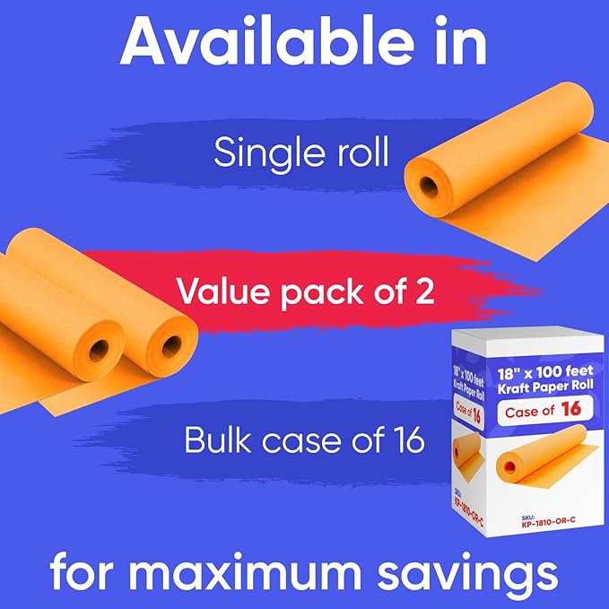 18" x 1200" (100 ft) Orange Kraft Paper Roll (Value Pack of 2), 45 lbs Thickness, Made in USA Colored Kraft Paper for School, Bulletin Board - Odorless, Non-Toxic, Safe for Kids