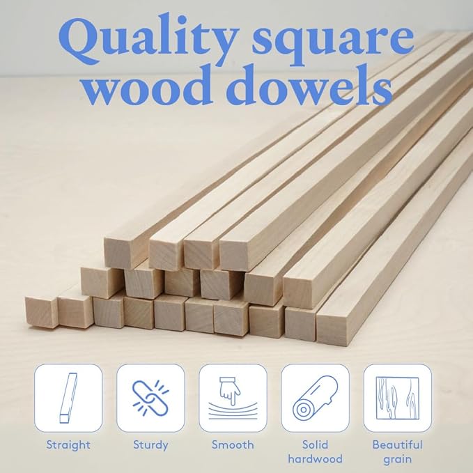 DIY Wooden Square Dowel Rod 3/4-inch x 36 Pack of 25 Hobby Wood Sticks for Crafts, Wood Trim & Architecture Model Making, by Woodpeckers