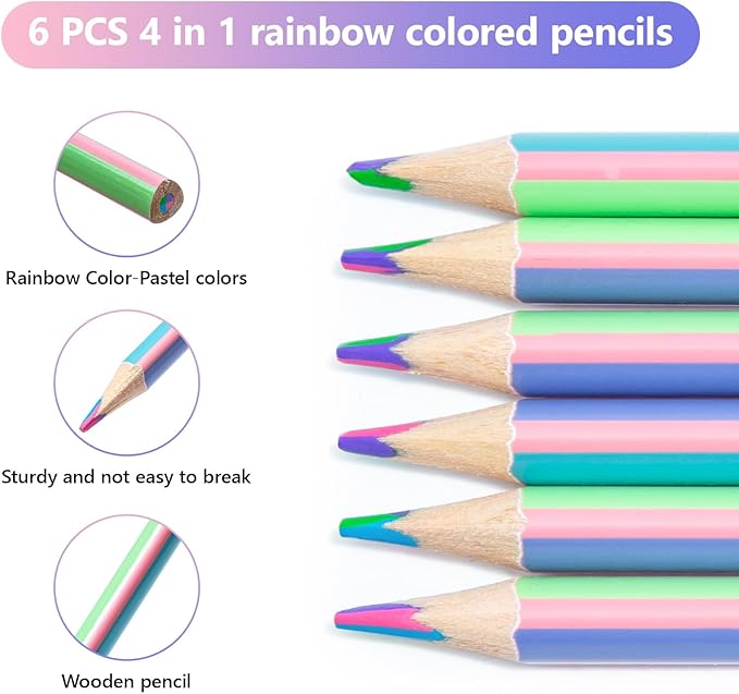 M&G Stocking Stuffers，4 Color in 1 pastel Rainbow Colored Pencils, 6 PCS Drawing Pencil for Adults & Artists, Christmas Coloring Pencils for artists, Professional Art Supplies for Coloring Books