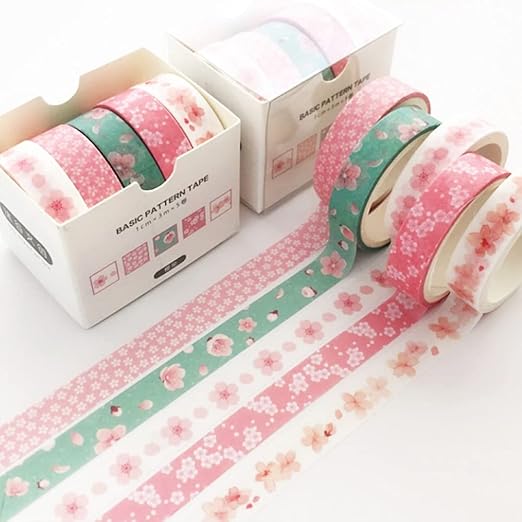 YUBX 5 Rolls Washi Tape Set Creative Basic Skinny Decorative Tapes for Arts, DIY Crafts, Journals, Planners, Scrapbooking, Wrapping (Sakura)