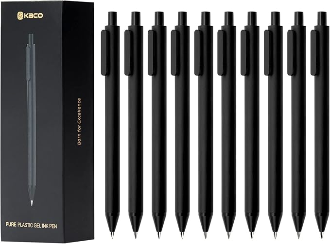 Kaco PURE Gel Pens 0.5mm Fine Point Black Ink 10 Count, Quick Dry Smooth Writing, Aesthetic Office Supplies Refillable Retractable Low Center of Gravity