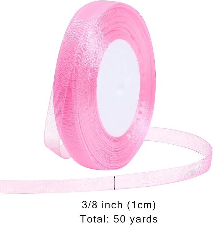 Pink Ribbon for Gift Wrapping 3/8 inch Sheer Organza Ribbon for Flower Bouquet Tulle Chiffon Ribbons for Wedding Invitations Christmas Halloween Decorations Crafts 50 Yards