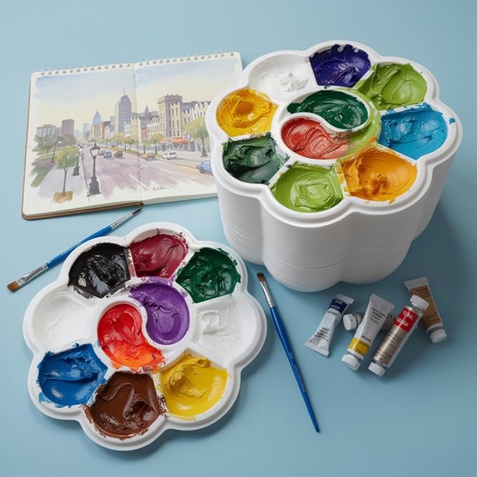 50 Pcs Paint Palettes, One Time Use Plastic Paint Pallets, Mini Watercolor Painting Palettes for Painting or DIY Craft Class, White 4.6 in