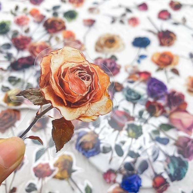 50PCS Vintage Dried Rose Stickers – Clear Waterproof Flower Botanical Scrapbook Stickers for Journaling, Crafting, Aesthetic Floral Decals for Laptops, Notebooks, Cards, Gifts