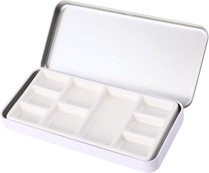 Travel Watercolor Palette, Portable Ceramic Palette 9 Well, Watercolor Palette with Lid, Empty Wet Palette Metal Paint Box with Porcelain Palettes(White Box)