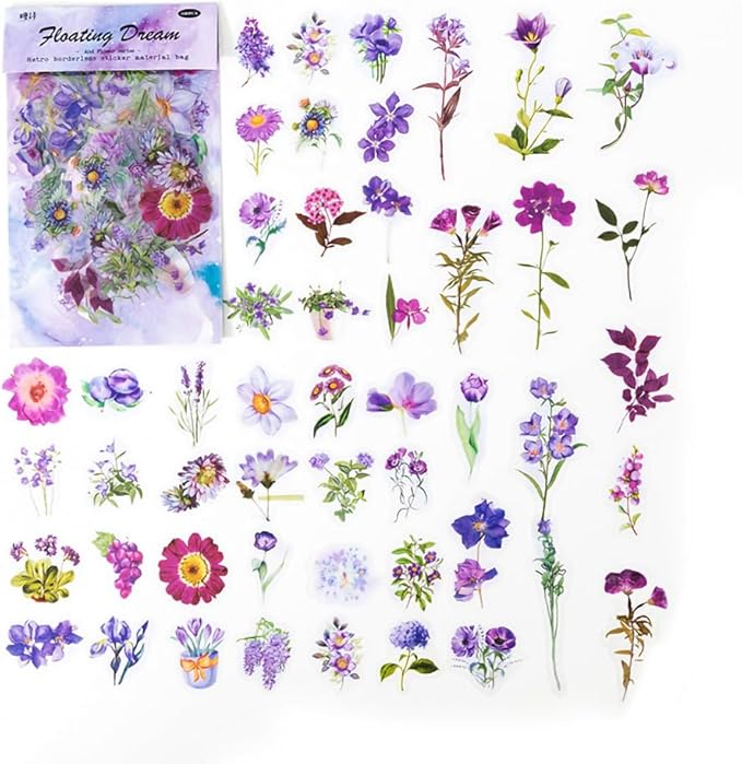 100-Piece Purple Wildflower Plant Sticker Pack - Floral Watercolor Clear Flower Stickers for Scrapbooking, Journaling, Resin Crafts, and Decorations