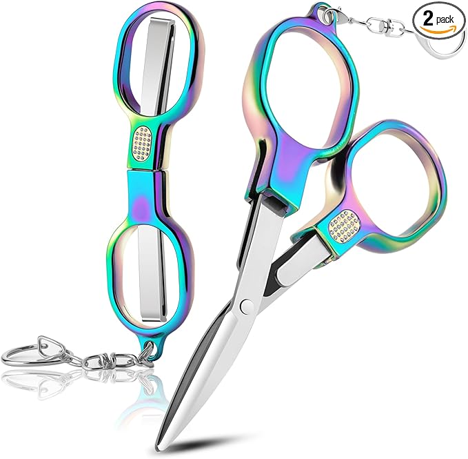 2 Pcs Folding Stainless Steel Portable Mini Travel Scissors, Safety Foldable Pocket Badge Small Scissors All Purpose with 2 Keychain for Travel, Home, Office, Craft, Sewing, Nurse Accessories (Color)