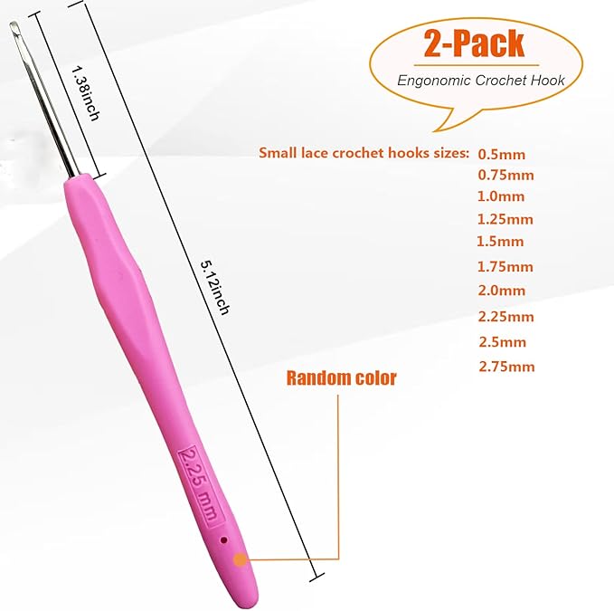 Mdoker 2PCS Small Size Crochet Hook Ergonomic Handle Crochet Hook Needles for Arthritic Hands,Thread Crochet Steel Lace Hooks Size 2.25mm