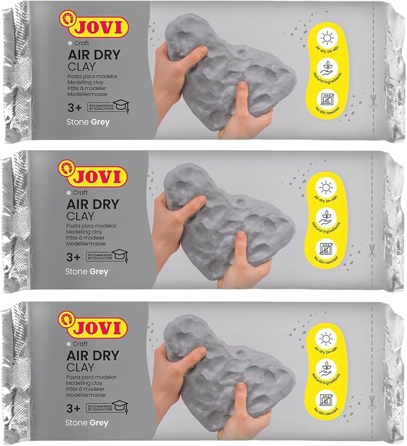 Jovi - Air Dry Modeling Clay, Set of 3 Clay Bars, 1.1lb Each, Total of 3.3lb, No Oven Needed, Stone Gray Color, Pottery Clay Perfect for Arts and Crafts Projects (P85G/3)