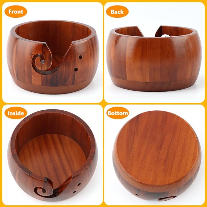 Yarn Bowl Holder, Wooden Knitting Bowl with 6pcs Crochet Hooks, 50pcs Crochet Stitch Markers, Large Yarn Holder Dispenser for Mom & Knitting Lovers
