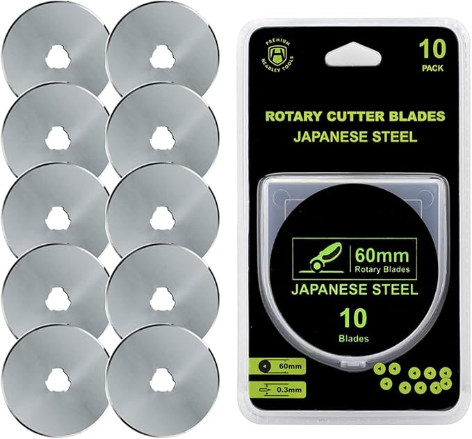 HEADLEY TOOLS 60mm Rotary Cutter Blades 10 Pack Fits Olfa, Fiskars, Replacement Rotary Blade for Arts Crafts Quilting Scrapbooking Sewing, Sharp and Durable