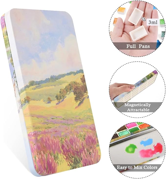 Portable Watercolor Paint Palette with Tins, Lightweight Empty Full Pans with Magnetic Squares, Metal Paint Tray Palettes for Travel, Acrylics Painting and Art, 20Full Pans,Massif