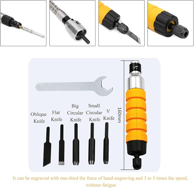 Wood Carving Chisel, 5 Tips Wood Chisel Kit Electric Wood Chisel Carving Tool Kit Wrench Flexible Shaft with 1/3 Force and 3-5 Times Speed of Manual Engraving