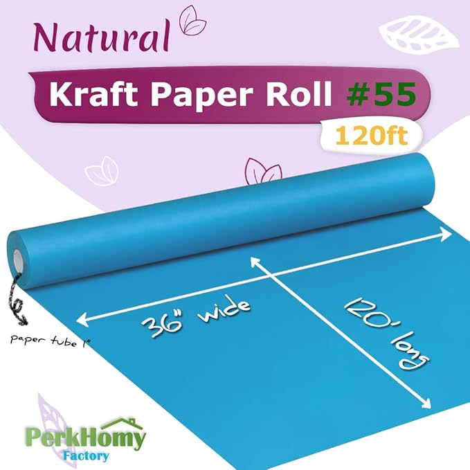 PerkHomy 36" x 1,440" (120') Lake Blue Kraft Paper Roll for Craft Bulletin Board Paper Art Table Covering Crafting Gift Wrapping Bouquet Packing Parcel 80GSM 55LB (Lake Blue, 36" x 120')