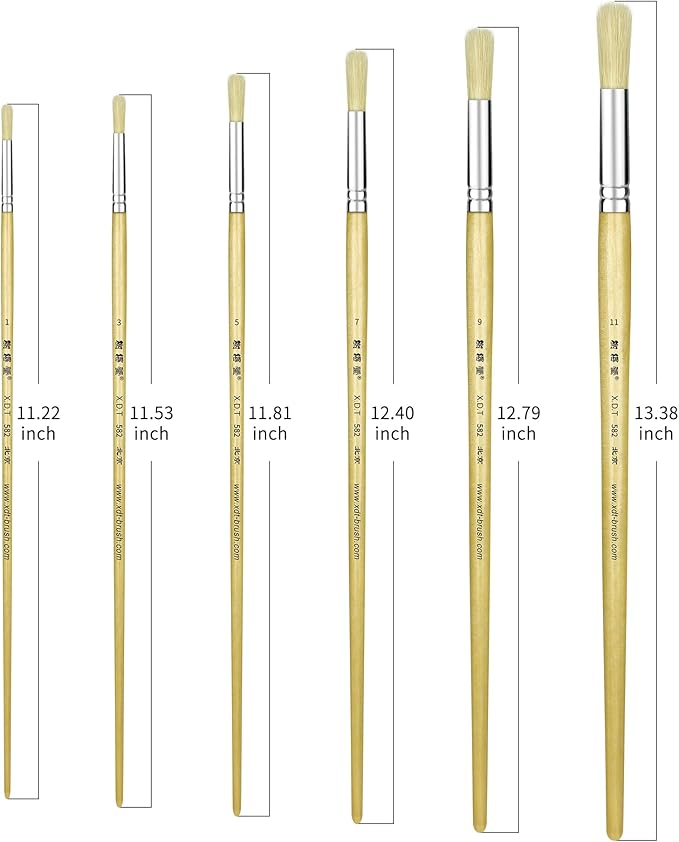 XDT#582 Round Tip Artist Paint Brush 6 Piece Set Medium Stiff Hog Bristle Extra Long Handle #2#4#6#8#10#12, Best Brush for Painting Oil Acrylic Watercolor On Canvas