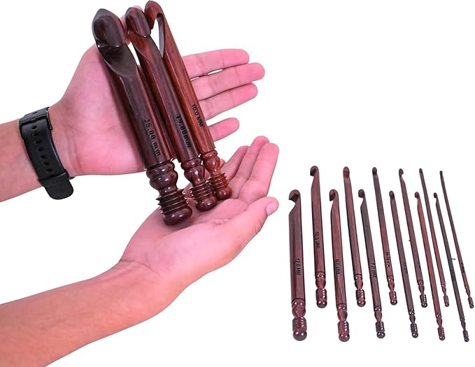ArtsyCraftIn™ - Rosewood Jumbo Wooden Crochet Hooks Handmade 15 Sizes (Set 3.5 mm to 25 mm), Ergonomic Hooks for Arthritic Hands Yarn Craft,Knitting & Crocheting Needles | Only Crochets Hooks
