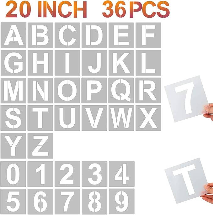 YEAJON 20 Inch Letter Stencils and Numbers, 36 Pcs Alphabet Art Craft Stencils, Reusable Plastic Templates for Wood, Wall, Fabric, Rock, Signage, DIY Art Projects (20 Inch)