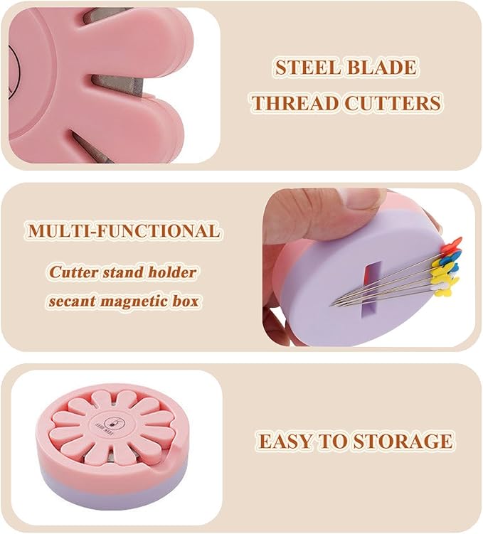 Thread Cutter Tool for Sewing, Flower Thread Cutting with Stand Quilting Supplies for Sewing Tools Magnetic Pins Holder Chain Piecing Blade Not Removable (Pink Case)