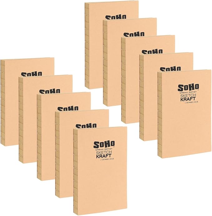 SoHo Urban Artist Open Bound Sketch Pads 10 Pack - Kraft - 8.5x11 - Open Coptic Bound Sketch Pads for Drawing, Calligraphy, Any Dry Media, & More - 1200 Sheets Total