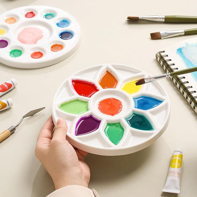 11 Wells Round Porcelain Porcelain Watercolor Palette Paint Tray Palettes Ceramic Watercolor Pallets Paint Holder Painting Palette for Kids or Students to Paints on School Project or Art Class