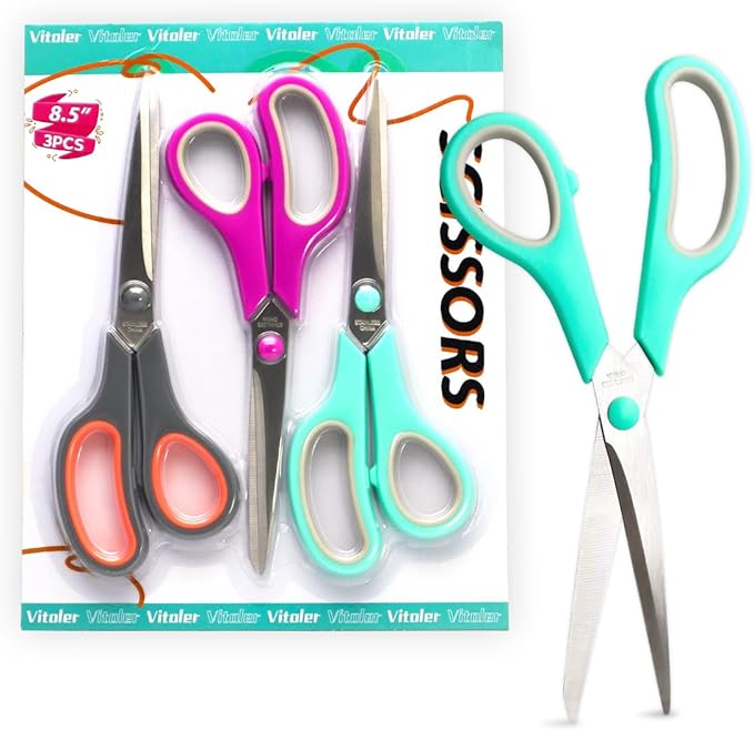 Vitoler 8.5" Scissors All Purpose, 3 Pack Ultra Sharp Blade Shears, Professional Ergonomic Comfort Grip Scissors for Office School Home Supplies Fabric Sewing DIY