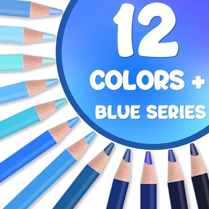 Mifuner 12Pcs Blue Colored Pencils Set, Oil Based Drawing Pencils, Pre-sharpened Wooden Professional Sketch Pencil Art Supplies for Adults, Coloring Books, No Duplicates