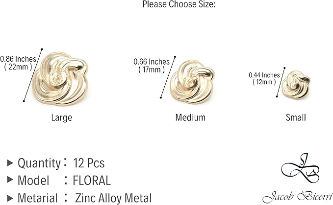 Floral Gold Metal Shank Buttons - 12 Pcs - 3 Size Options - Luxury Floral Round Wave Metal Shank Buttons for Men Women Blazer Coat Uniform Shirt Suit and Jacket Sewing Craft DIY 17mm, FLR5232