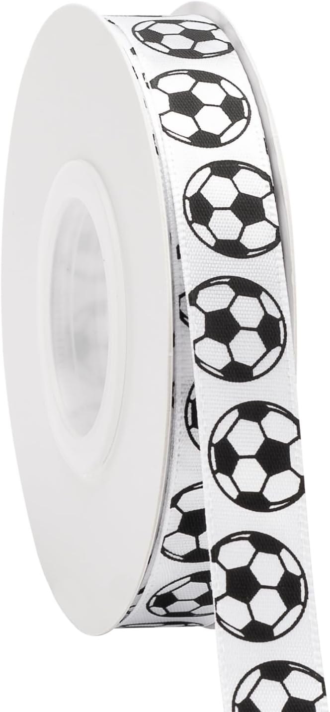 Soccer Ribbon,5/8-Inch x 25-Yard,White/Black,Use for Team Hair Bows,Wreath,Sport Lanyards,Gift Wrapping,Party Decoration,All Crafting and Sewing (White, 25-Yard)