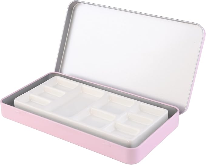 Travel Watercolor Palette, Portable Ceramic Palette 9 Well, Watercolor Palette with Lid, Empty Wet Palette Metal Paint Box with Porcelain Palettes(Pink Box)