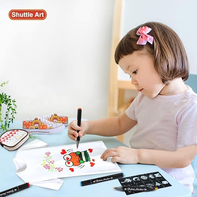 Shuttle Art Fabric Markers Pens, 40 Colors Dual Tip Fabric Markers Permanent No Bleed Pens for T-Shirts Sneakers, Non-Toxic & Child Safe Permanent Pens for Kids Adult Painting Writing