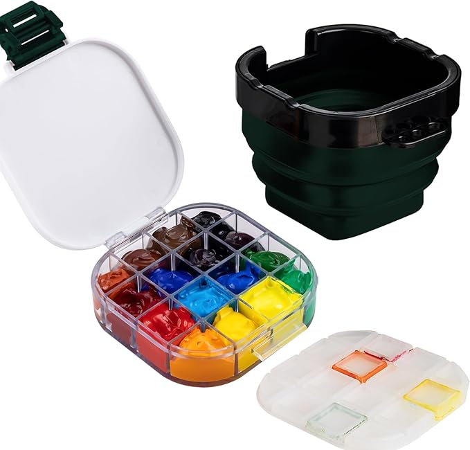 Falling in Art 16 Wells Paint Palette, Airtight Palette Storage Box with Lid and Folding Paint Brush Basin for Watercolor, Gouache and Acrylic Painting, Dark Green