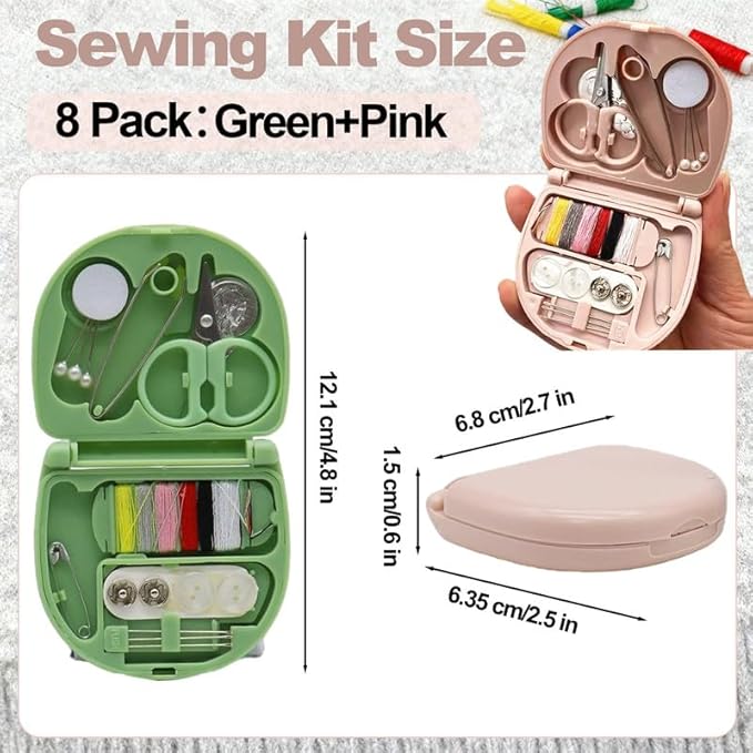 Reroon 8 Pack Mini Travel Sewing Kit for Adult & Kid | Portable Sewing Box Kit Bulk | Small Emergency Repair Set with Thread Scissors Needle for Travel, Beginner DIY Handcraft | Pink + Green