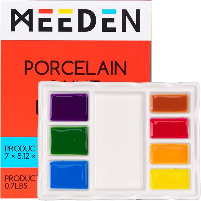 MEEDEN 8-Well Ceramic Artist Paint Palette, Porcelain Paint Palette Tray, Watercolor Mixing Palette, Porcelain Mixing Tray for Watercolor, Gouache, Acrylic Painting, 7”x 5.2”x 0.6”