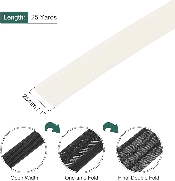 MECCANIXITY 1 Inch Double Fold Bias Tape Polyester Continuous Bulk Bias Tape for Sewing,Seaming Quilting Hemming Binding Crafts (Beige White 25 Yards)