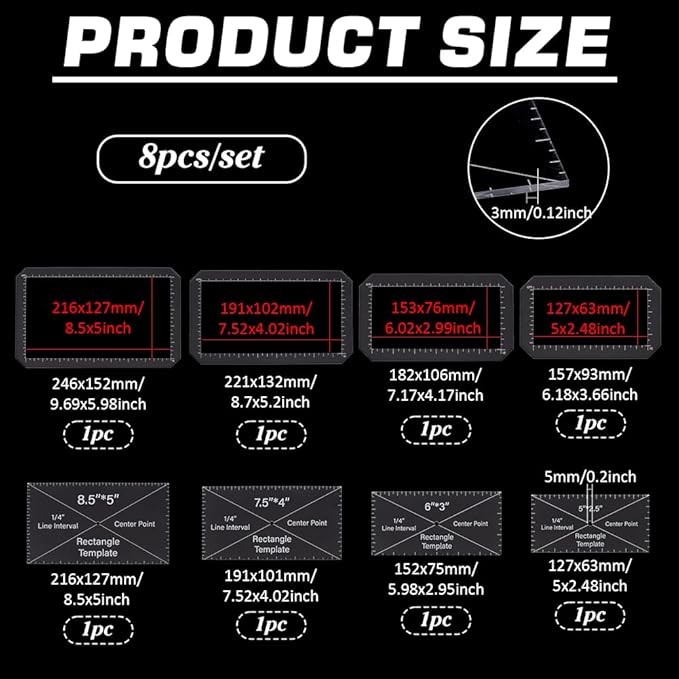 BENECREAT 8pcs Rectangle Quilting Template, 5x2.5/ 6x3/ 7.5x4/ 8.5x5 inch Acrylic DIY Quilt Block Guide for DIY Hand Patchwork Cutting Craft, 2.7mm Thick