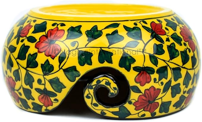 Nagina International Ceramic Attractively Hand Painted Gorgeous Stoneware Yarn Ball Storage Bowl With Innovative Dispensing Curl | Knitting & Crochet Accessions (Small, Yellow Shrubs)