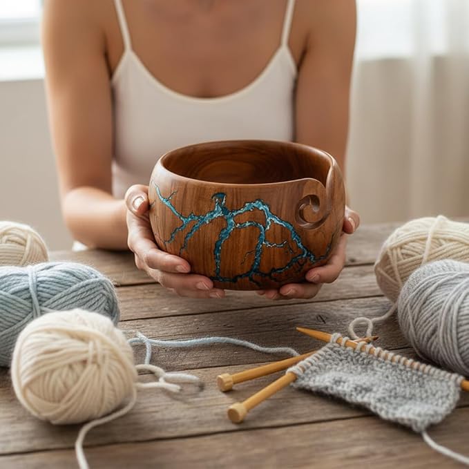 Handcrafted Wooden rose wood Yarn Bowl for knitting & Crocheting Wooden Yarn Storage Bowl With Carved Holes Drills Knitting Crochet Accessories bowl - Christmas Gift