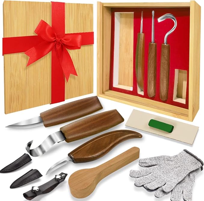 WAYCOM 12pcs Wood Whittling Kit Wood Carving Tools Set Hook Carving Knife,Detail Wood Knife,Whittling Knife Cut Resistant Gloves Leather Sheath And Bamboo Present Box For Spoon,Bowl,Cup