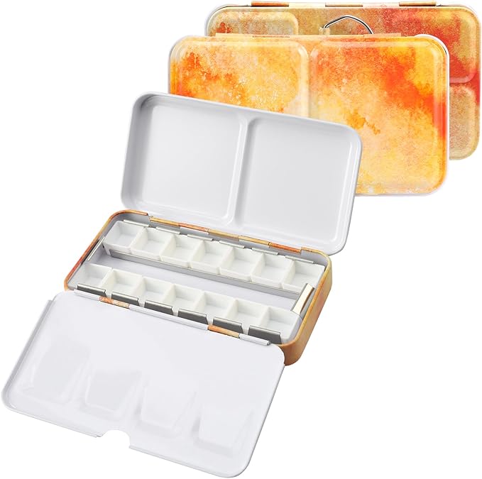 Watercolor Palette Empty with 14PCS Watercolor Half Pans - Sturdy Metal Empty Watercolor Palette Tin - Suitable for Gouache, Watercolor, Acrylic Painting